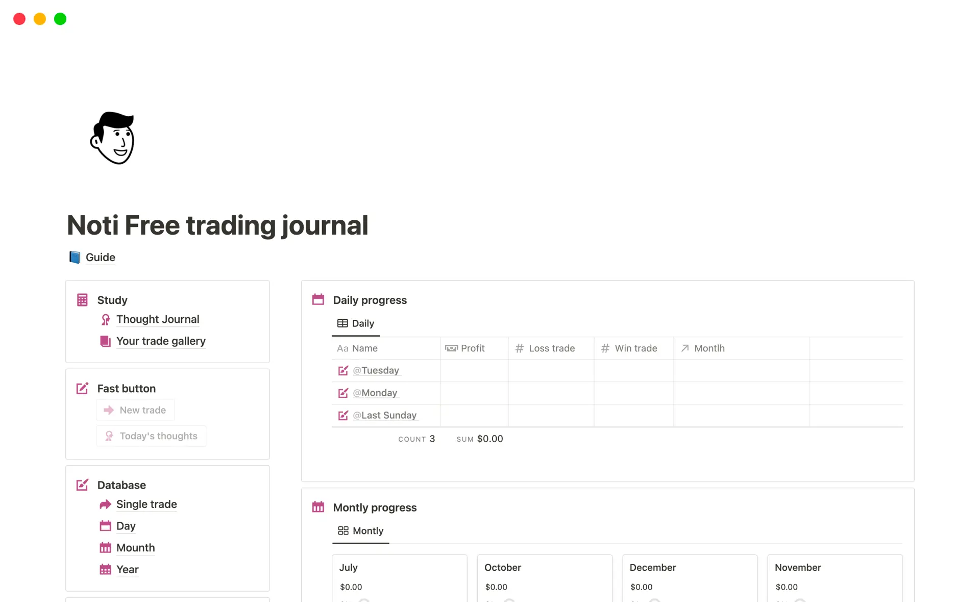Screenshot of Top Free Trading Journal Templates collection by Notion