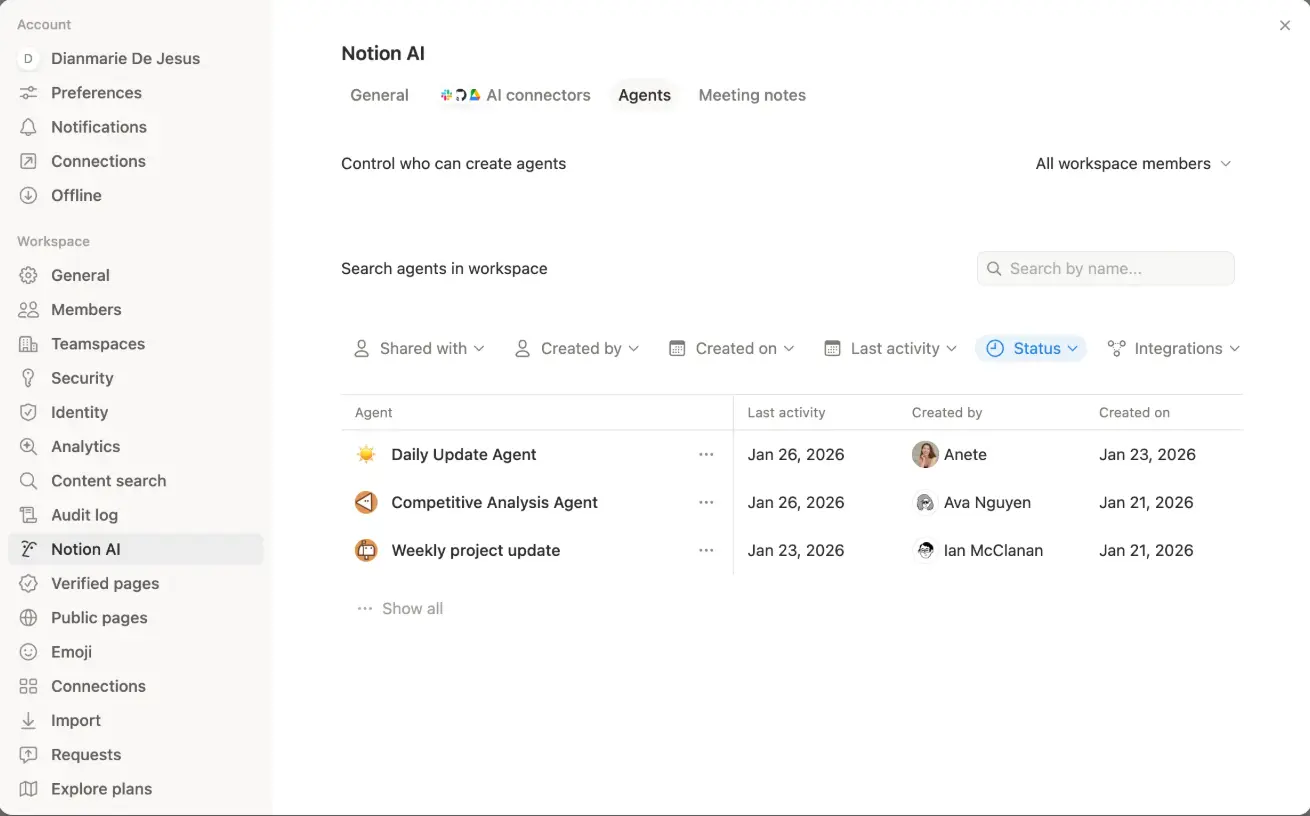 Image of agent directory within Notion AI.