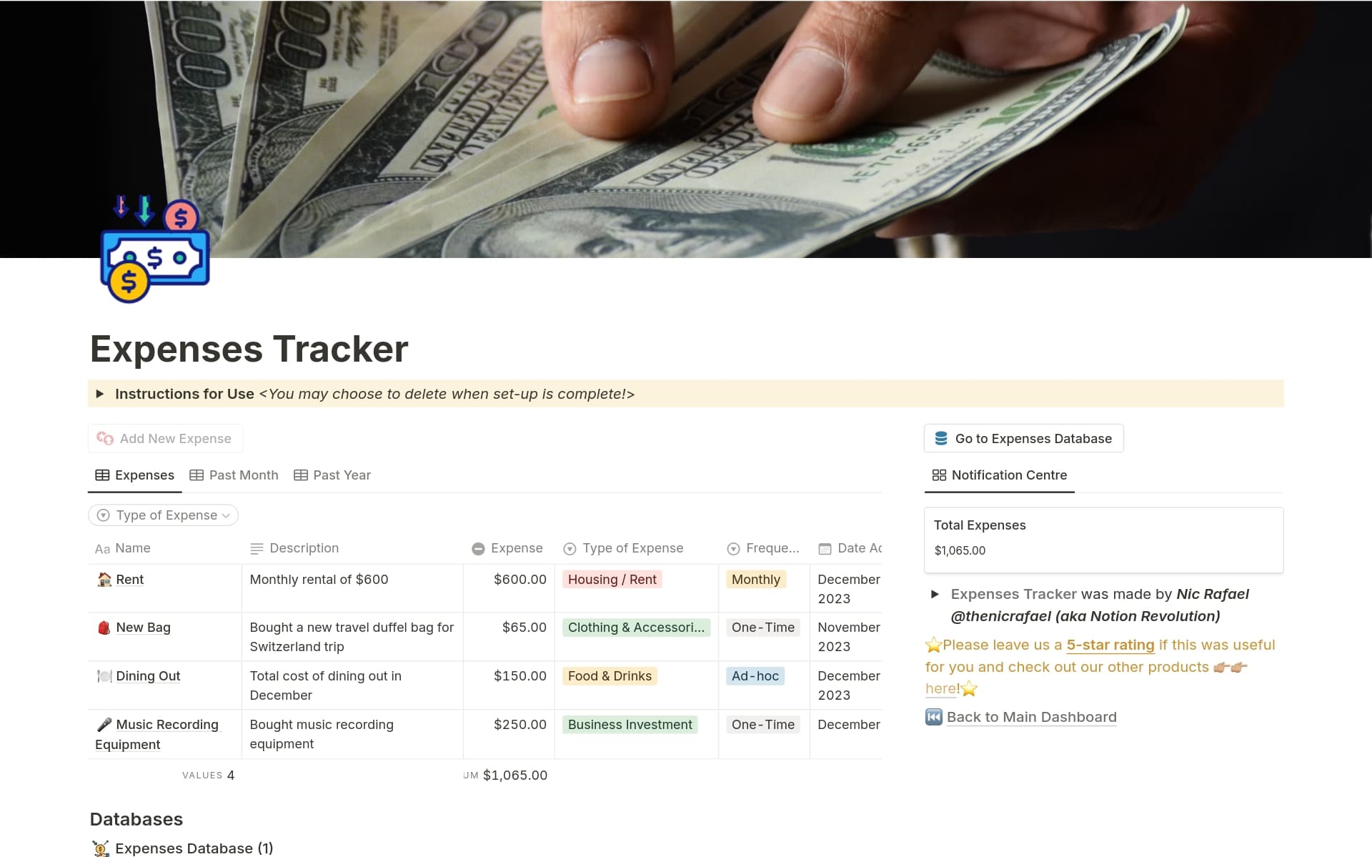 Screenshot of Top Free Expense Tracker Templates collection by Notion
